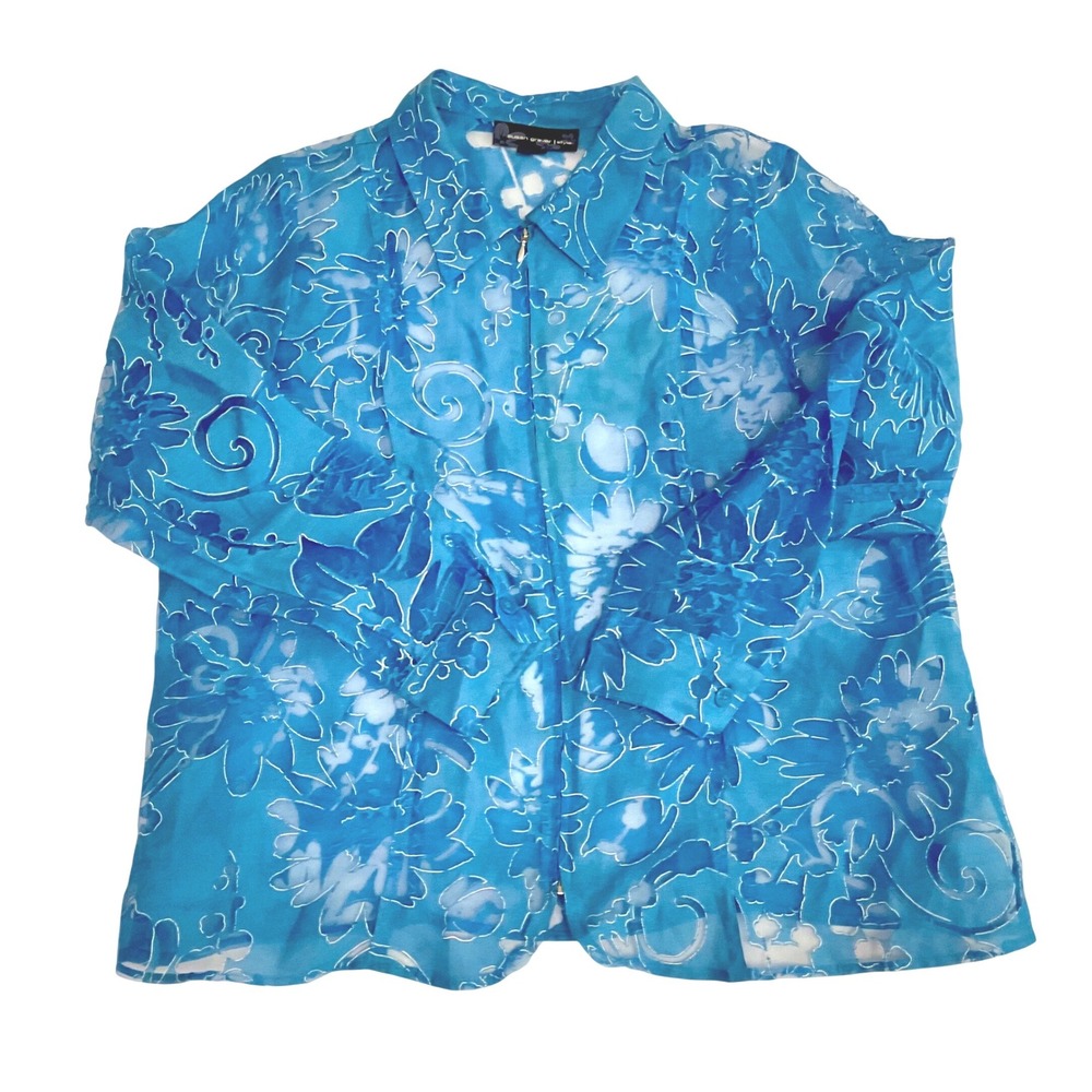 Susan Graver retro turquoise blue full zip sheer‎ floral Grandmacore cottage XL